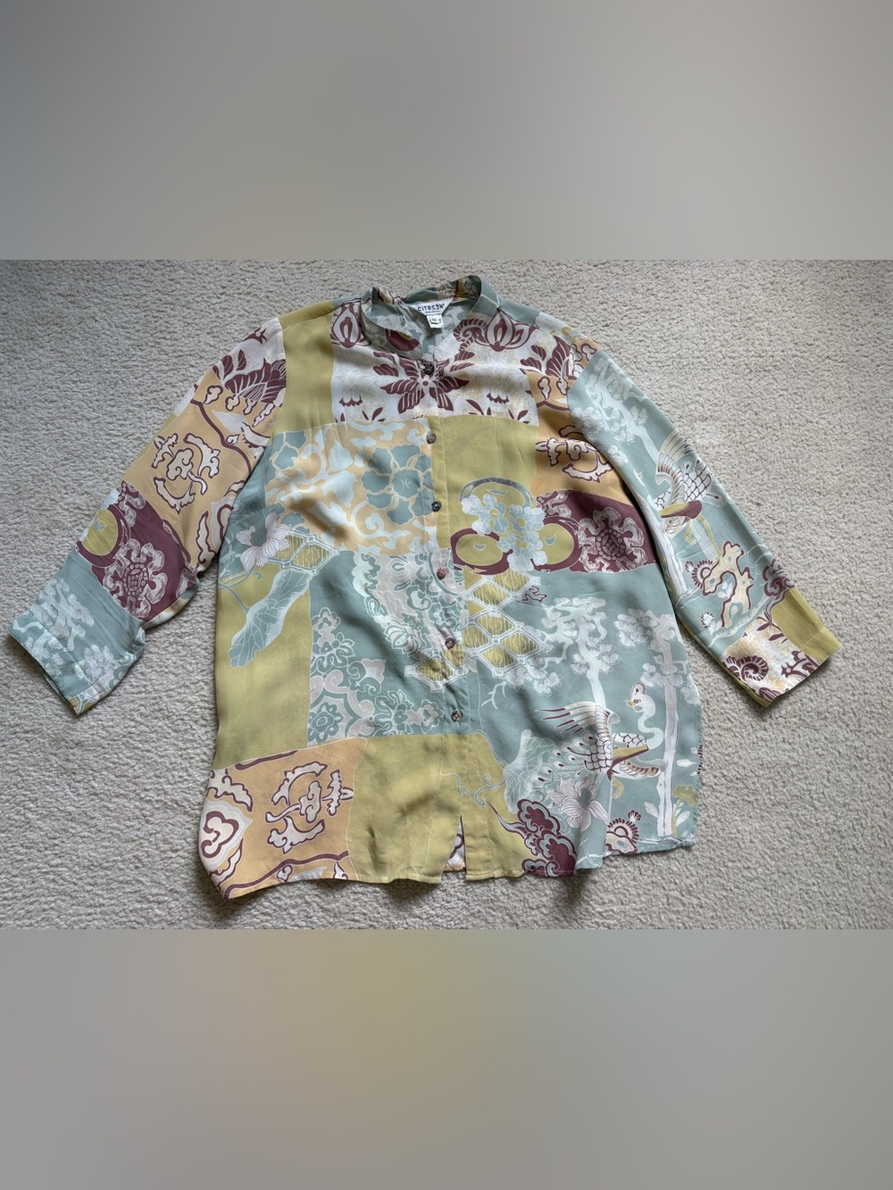 Citron patchwork 100% silk Asian-inspired wearable artwork blouse sz 0X peacock